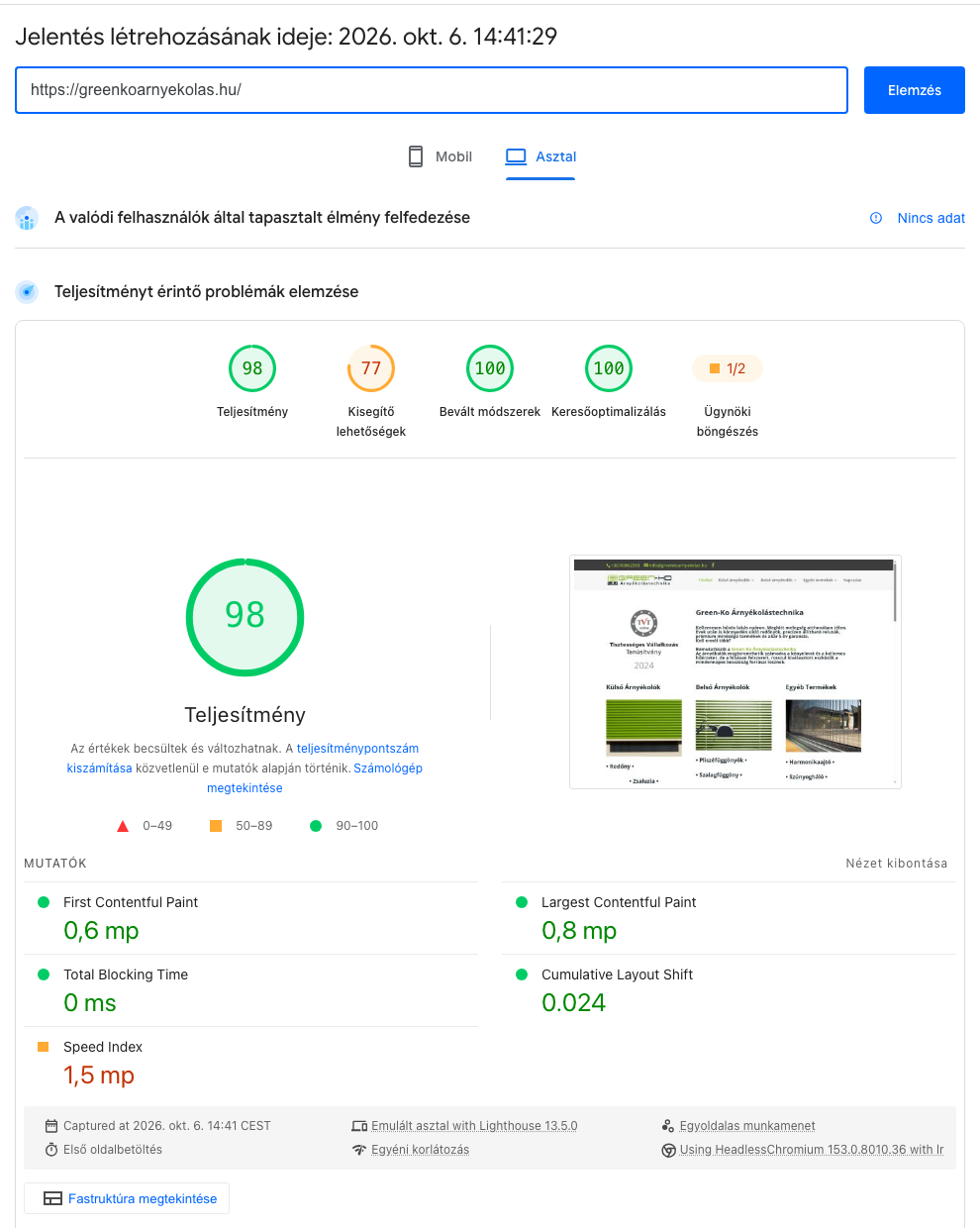 PageSpeed Insights asztali eredmény: teljesítmény 98, akadálymentesség 77, LCP 0,8 s
