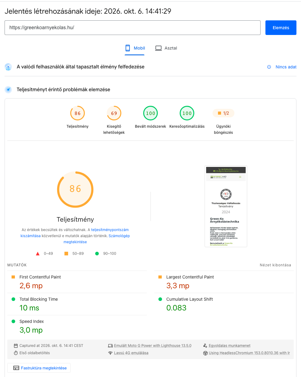 PageSpeed Insights mobil eredmény: teljesítmény 86, akadálymentesség 69, LCP 3,3 s